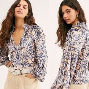 NWT FREE PEOPLE Go Get 'Em Crushed Velvet Balloon Sleeve Blouse Ivory Combo S